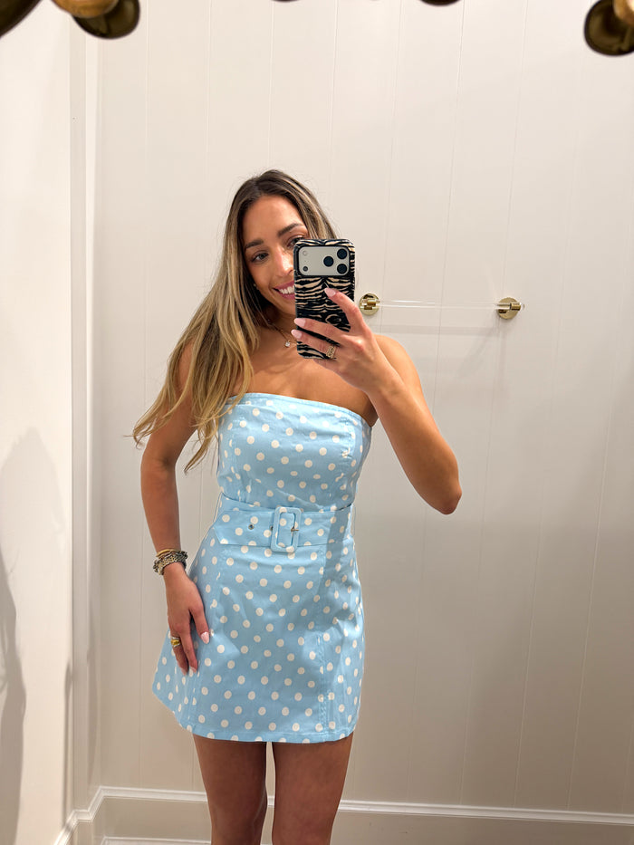 BABY BLUE POLKA DOT STAPLESS DRESS