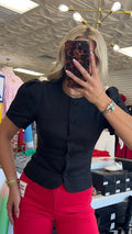 BLACK BUTTON PUFF SLEEVE TOP