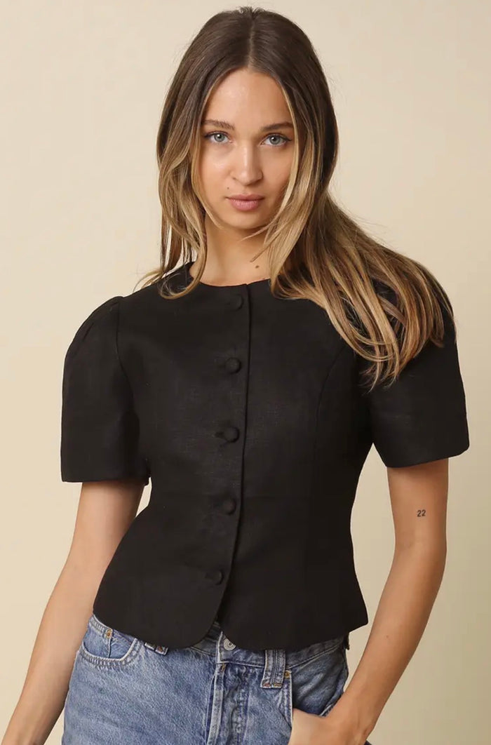 BLACK BUTTON PUFF SLEEVE TOP