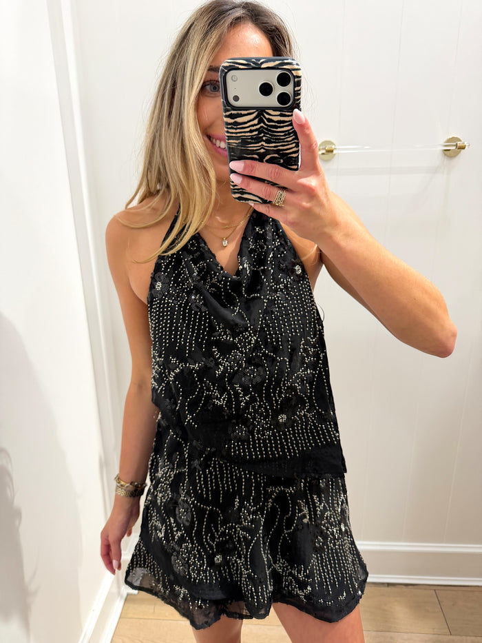 BLACK HALTER MINI CRISS CROSS SEQUIN DRESS