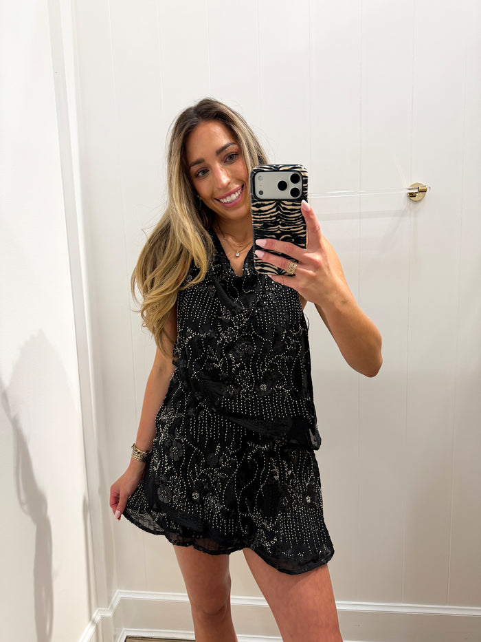 BLACK HALTER MINI CRISS CROSS SEQUIN DRESS