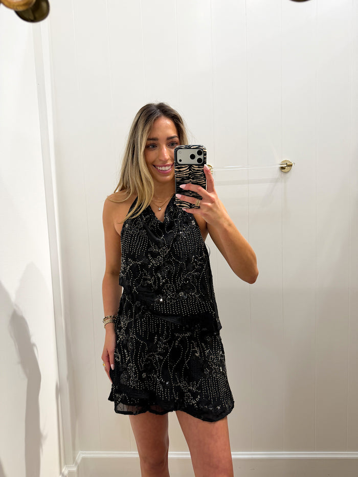 BLACK HALTER MINI CRISS CROSS SEQUIN DRESS
