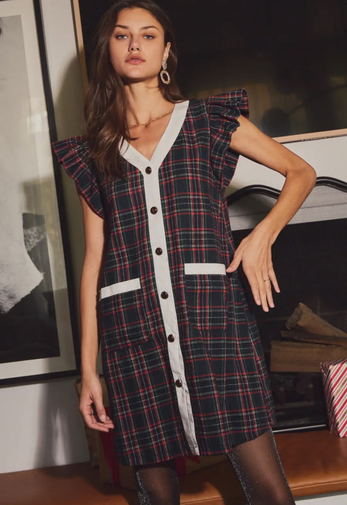 Black Plaid Button Dress