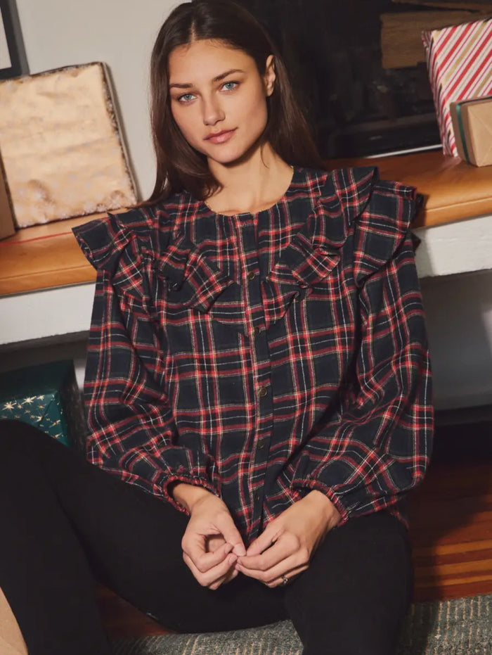 Black Plaid Front Blouse