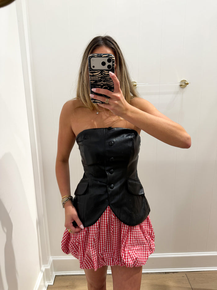 BLACK PLEATHER STRAPLESS TOP