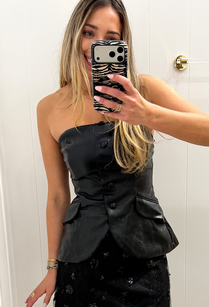 BLACK PLEATHER STRAPLESS TOP