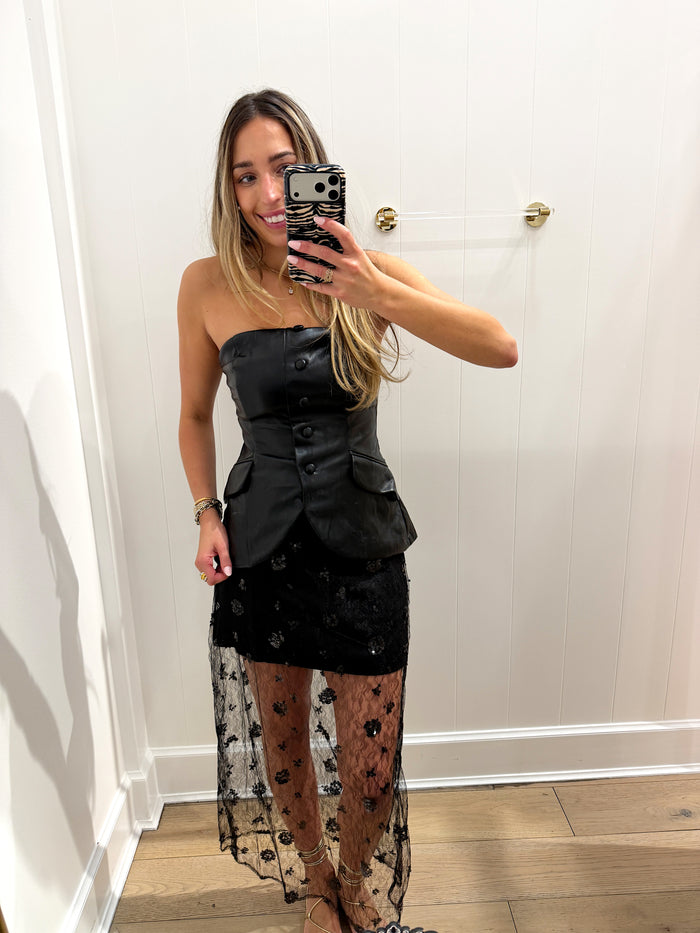 BLACK PLEATHER STRAPLESS TOP