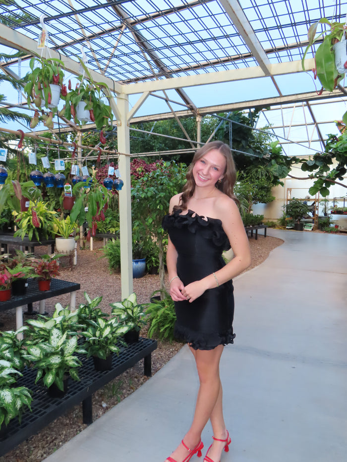 BLACK RUFFLE MINI STRAPLESS DRESS