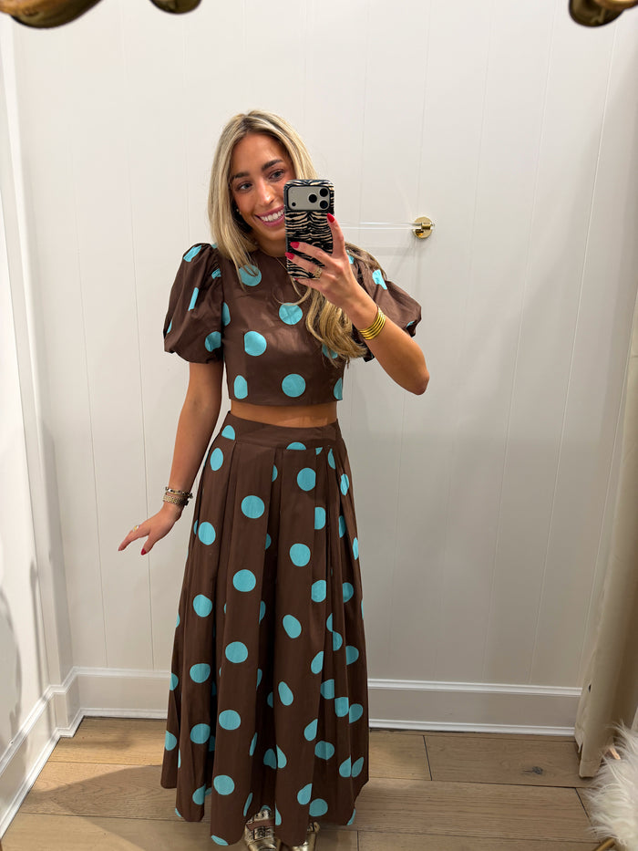 BROWN & BLUE POLKA DOT MAXI SET