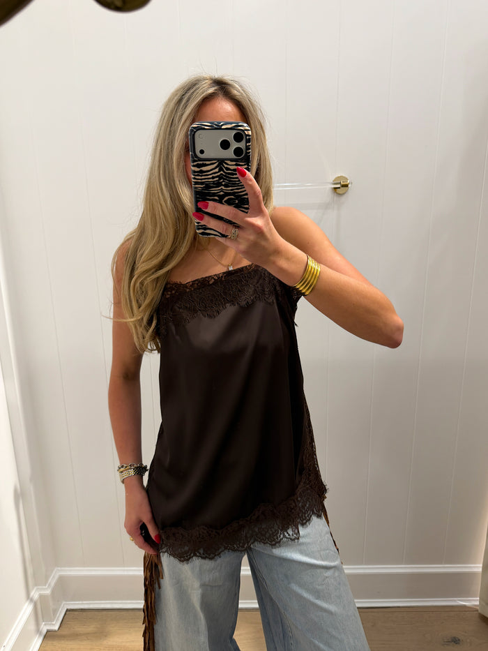 BROWN LACE SATIN TANK TOP