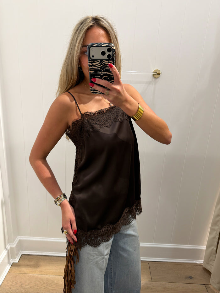 BROWN LACE SATIN TANK TOP