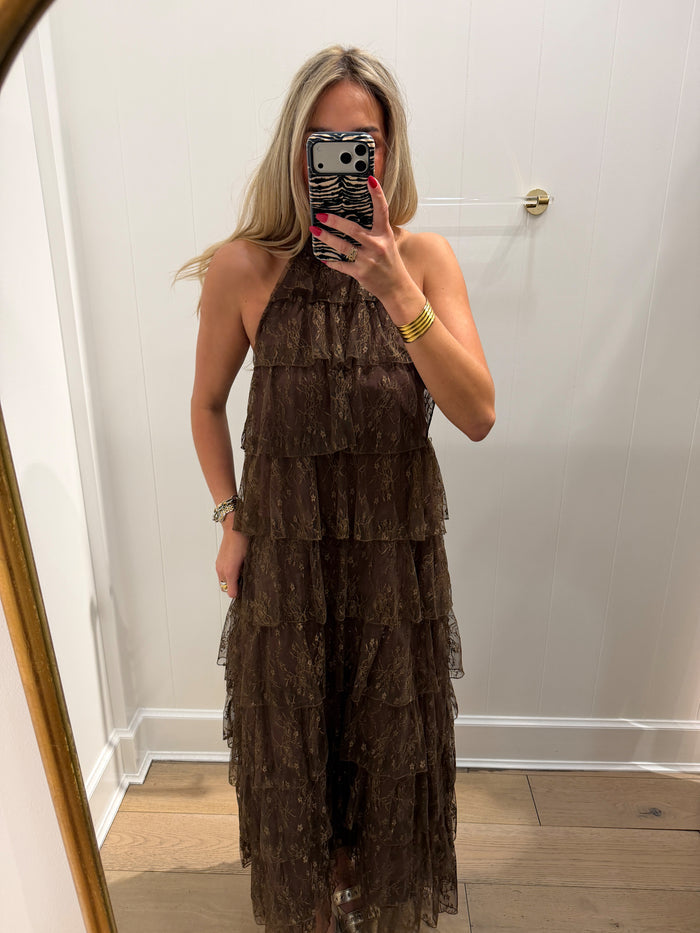 BROWN LACE TIERED HALTER MAXI DRESS