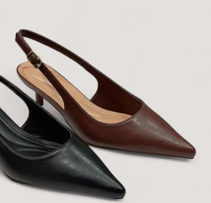 Brown Pointed Kitten Slingback Heel