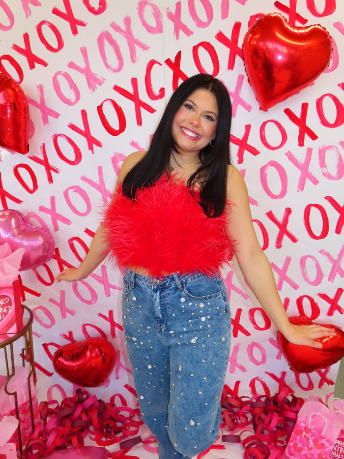 Buddy Love - Fancy Strapless Red Feather Top
