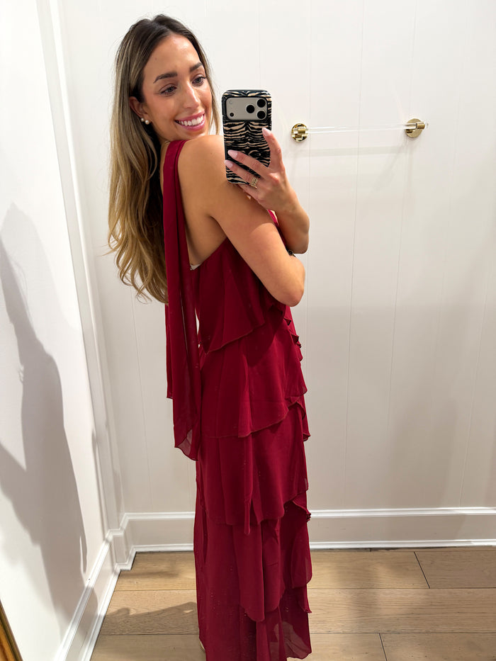 BURGUNDY SCARF MAXI RUFFLE FLOW DRESS