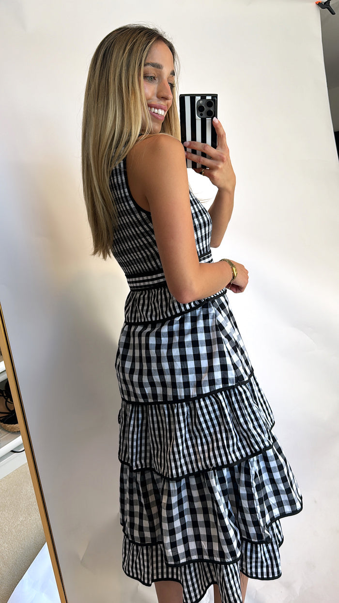 CHECKERED BELT RUFFLE MIDI DRESS