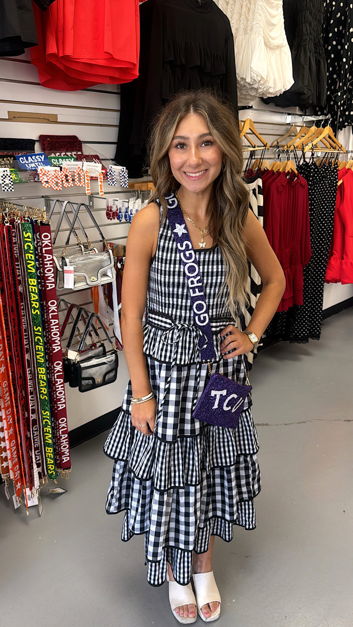 CHECKERED BELT RUFFLE MIDI DRESS
