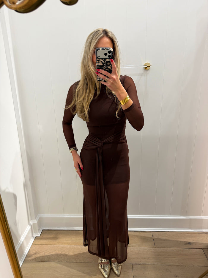 CHOCOLATE LONGSLEEVE SHEER MAXI DRESS