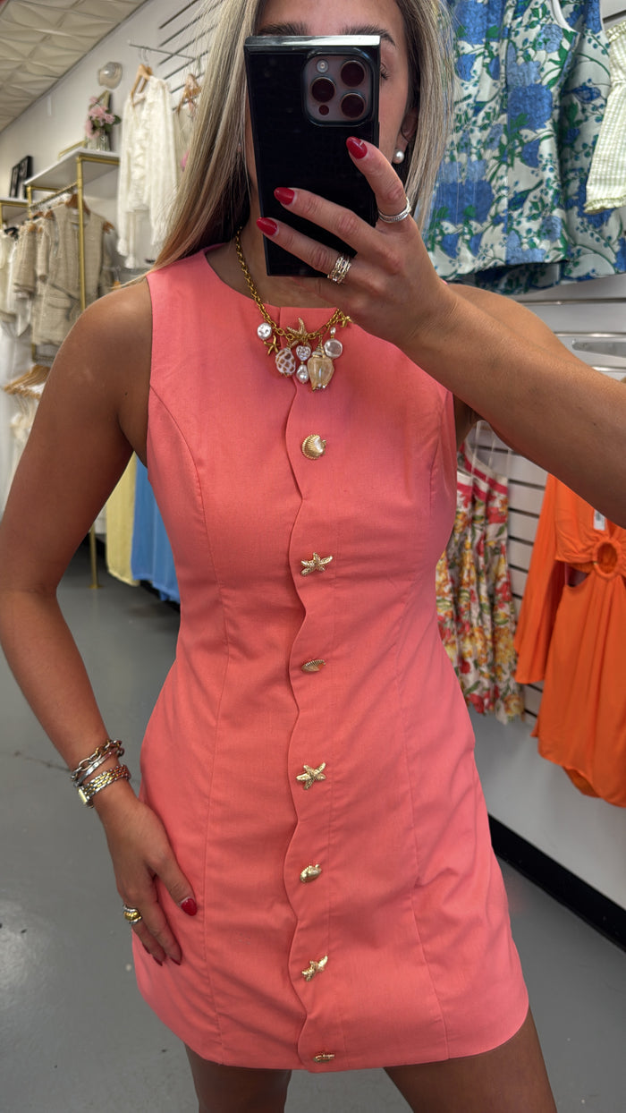 CORAL SCALLOPED BEACH BUTTON DRESS