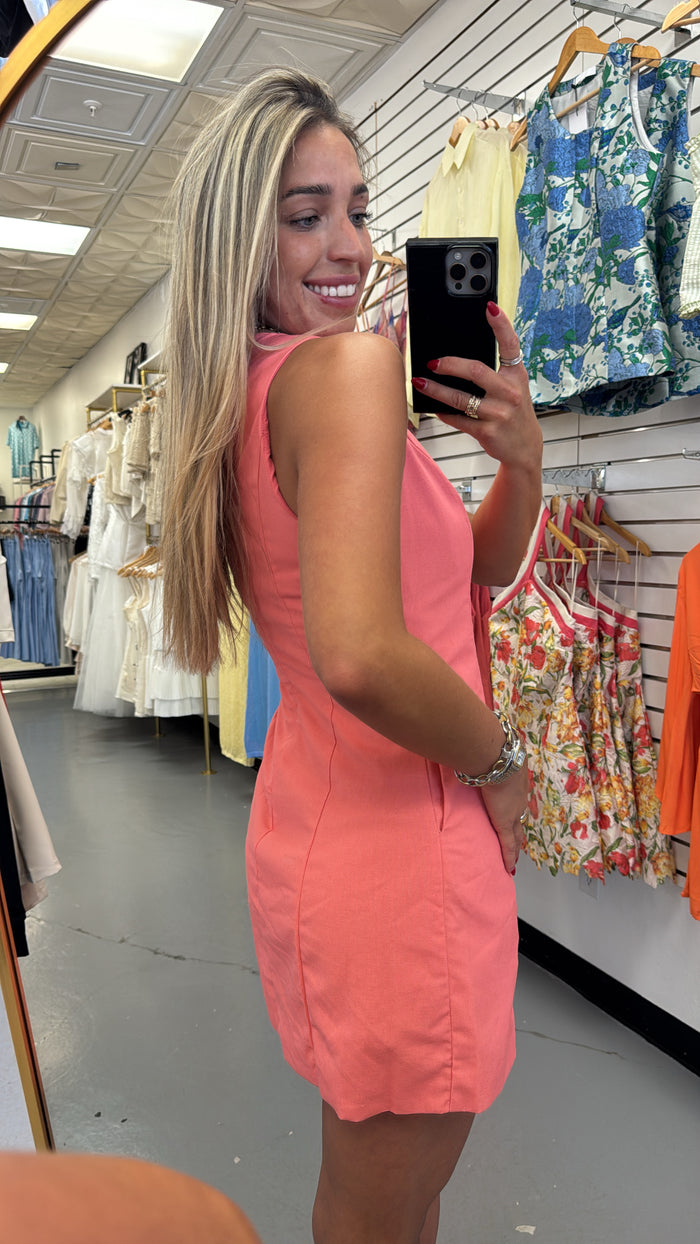 CORAL SCALLOPED BEACH BUTTON DRESS