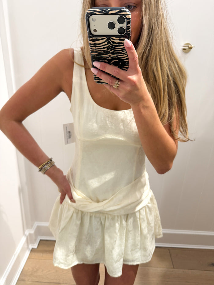 CREAM JACQUARD TIE MINI DRESS