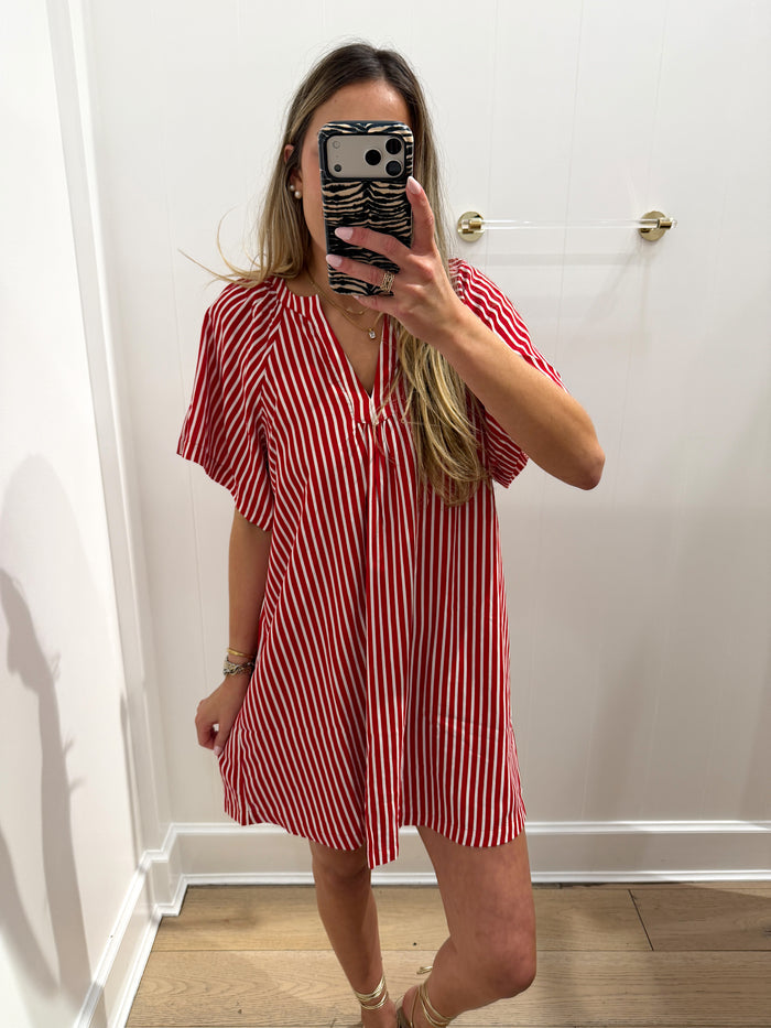 CRIMSON STRIPE FLOWY RUFFLE DRESS