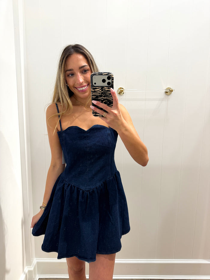 DENIM SCALLOPED MINI DRESS