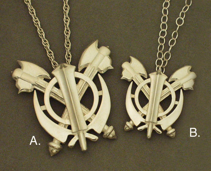 Double-Axe Khanda pin pendants