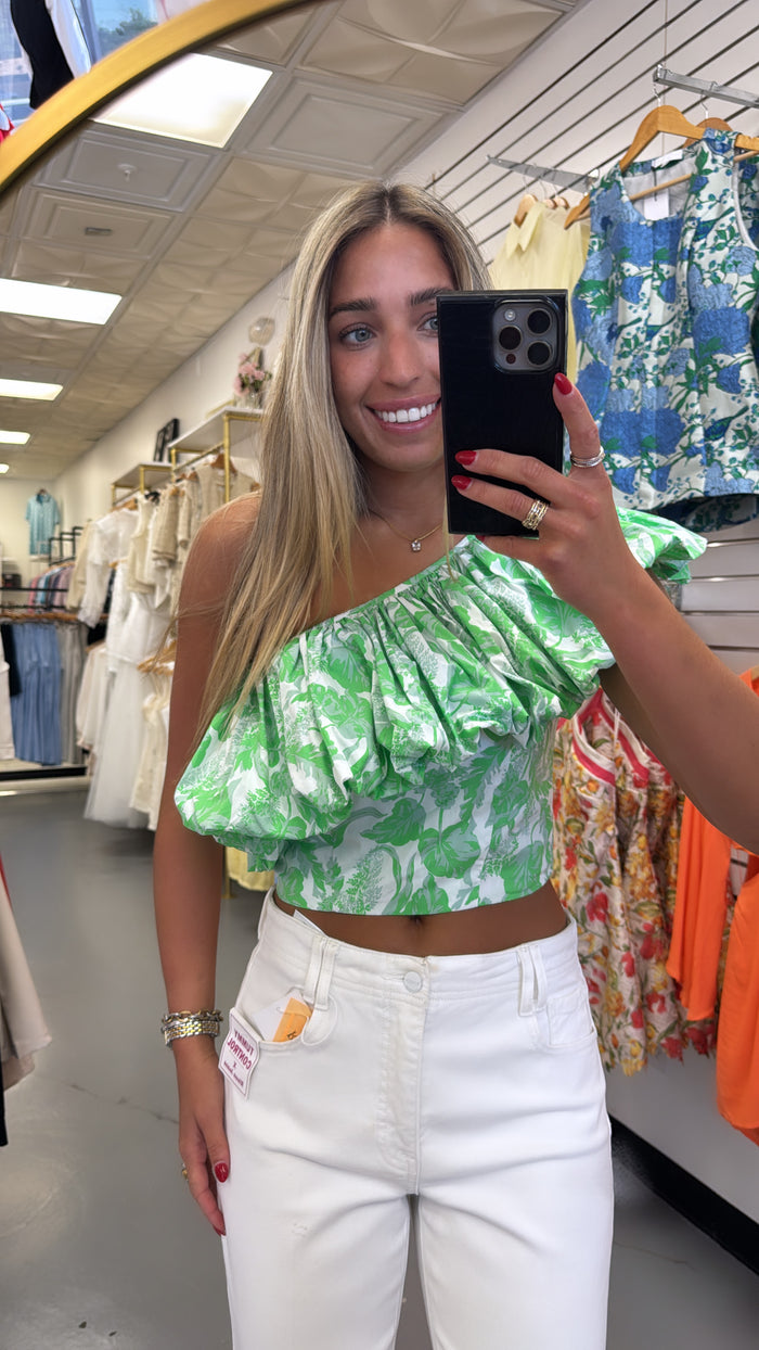 GREEN FLORAL ONE SHOULDER RUFFLE TOP