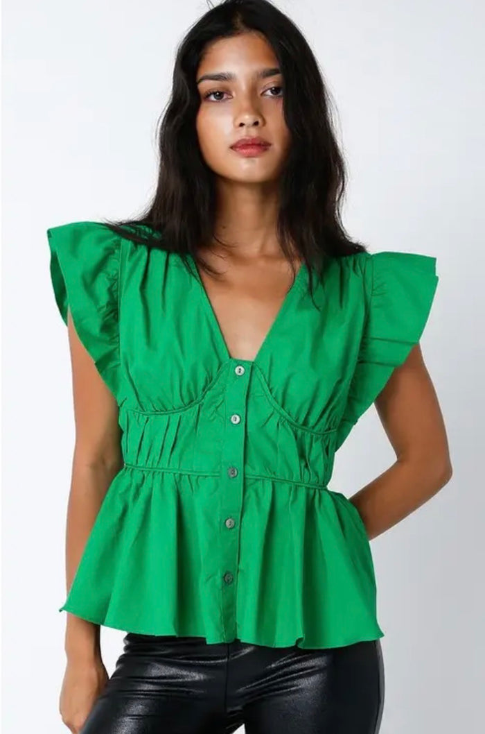 GREEN PUFF SLEEVE BUTTON TOP