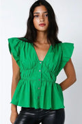 GREEN PUFF SLEEVE BUTTON TOP