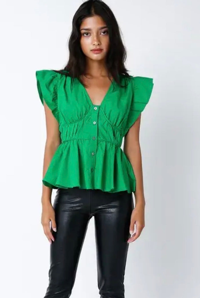 GREEN PUFF SLEEVE BUTTON TOP