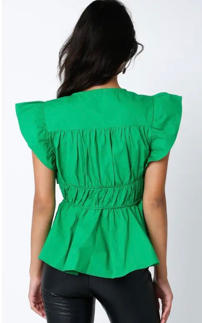 GREEN PUFF SLEEVE BUTTON TOP