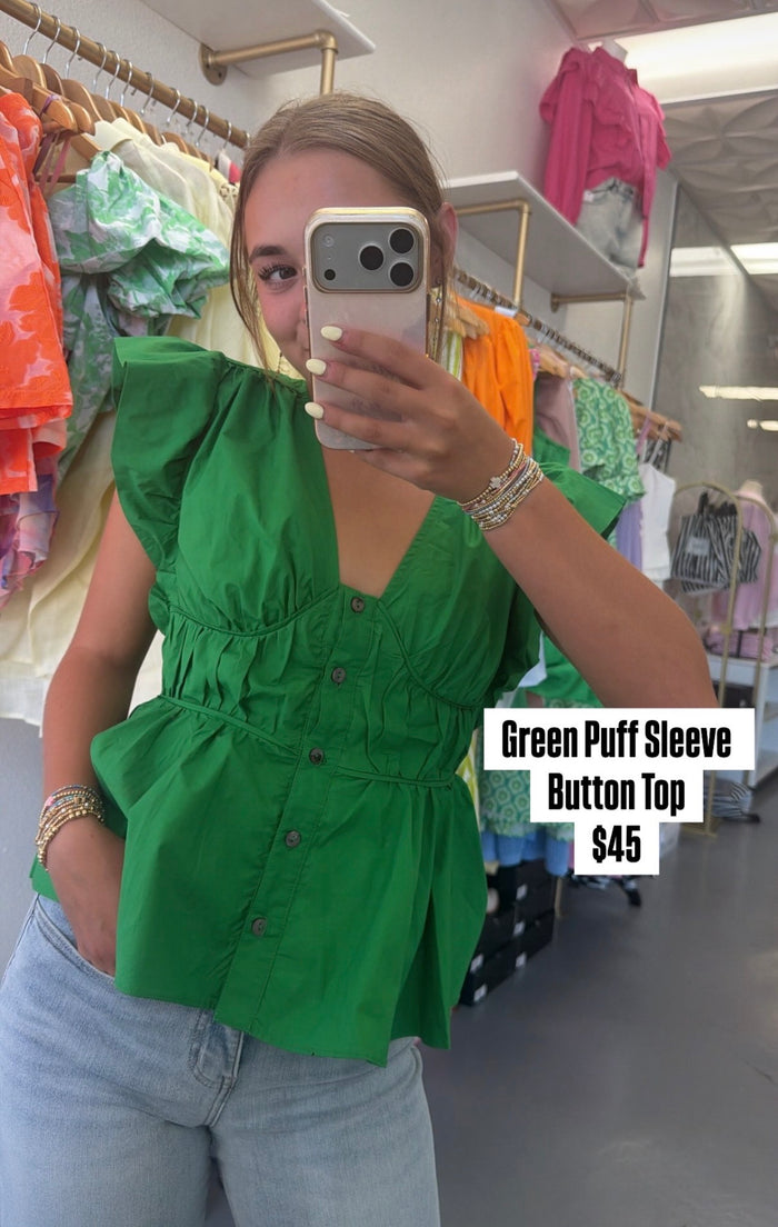 GREEN PUFF SLEEVE BUTTON TOP