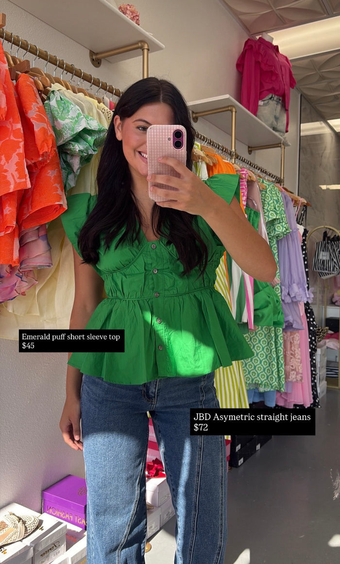 GREEN PUFF SLEEVE BUTTON TOP