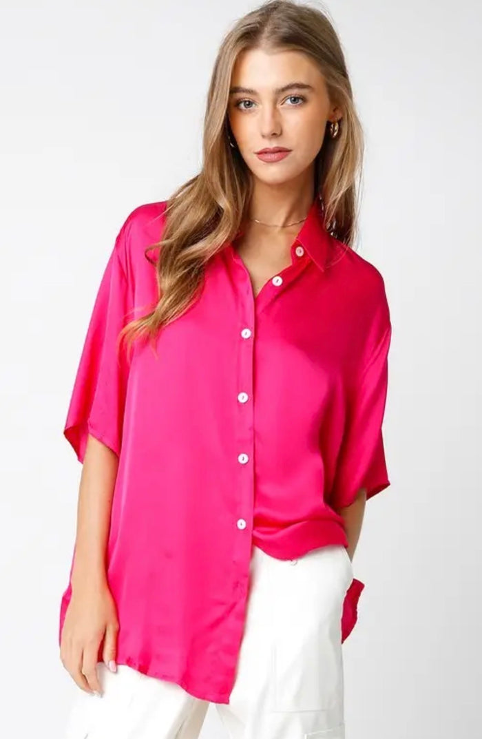 HOT PINK SATIN BUTTON DOWN