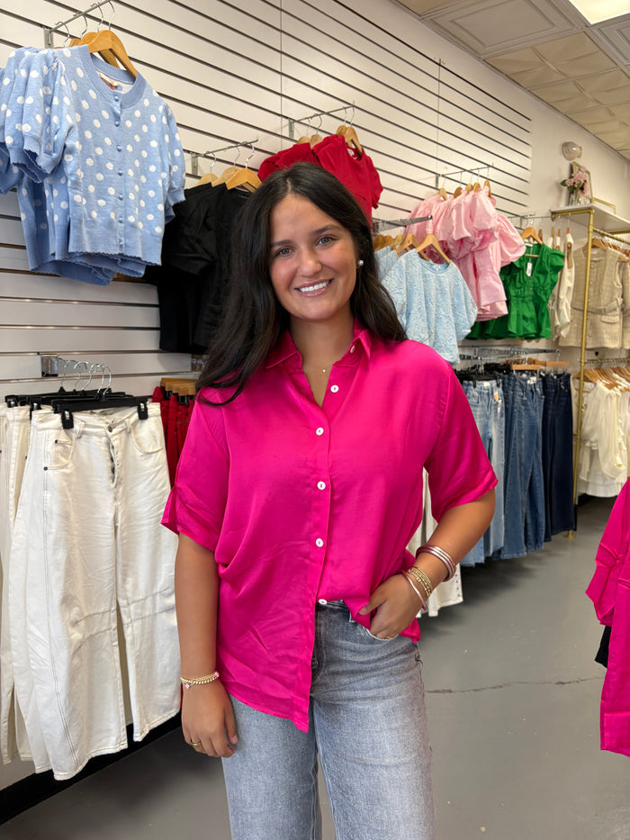 HOT PINK SATIN BUTTON DOWN