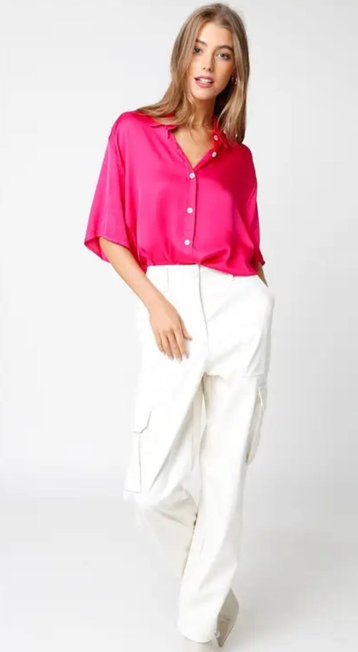 HOT PINK SATIN BUTTON DOWN