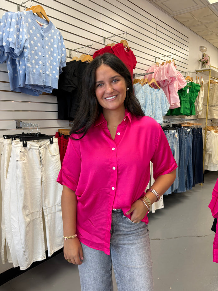 HOT PINK SATIN BUTTON DOWN