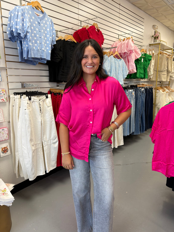 HOT PINK SATIN BUTTON DOWN