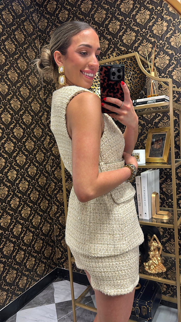 Ivory Gold Button Tweed Belted Set