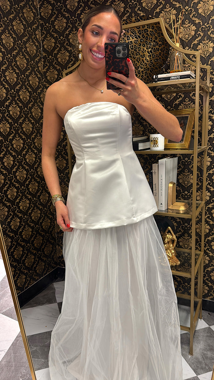Ivory Peplum Layered Tulle Maxi Dress