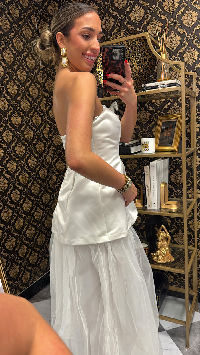 Ivory Peplum Layered Tulle Maxi Dress