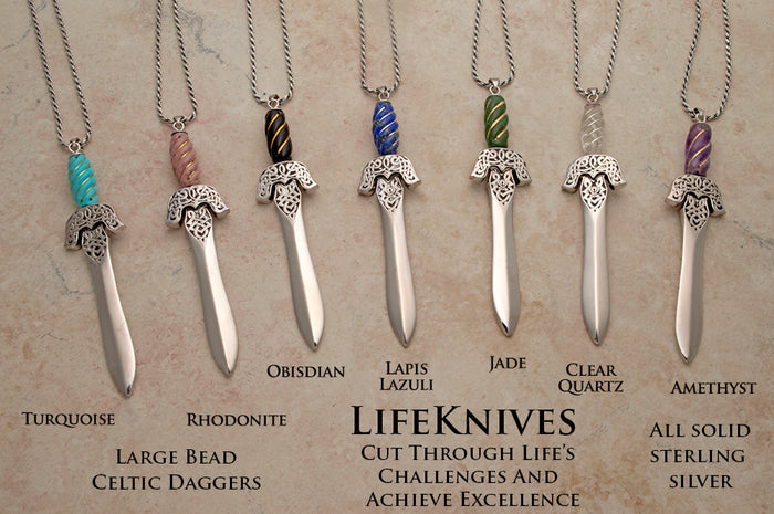 Large Celtic style gemstone handled dagger pendants