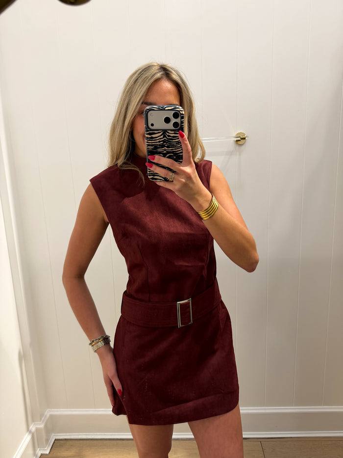 LBK BELTED SUEDE MAROON MOCK NECK DRESS