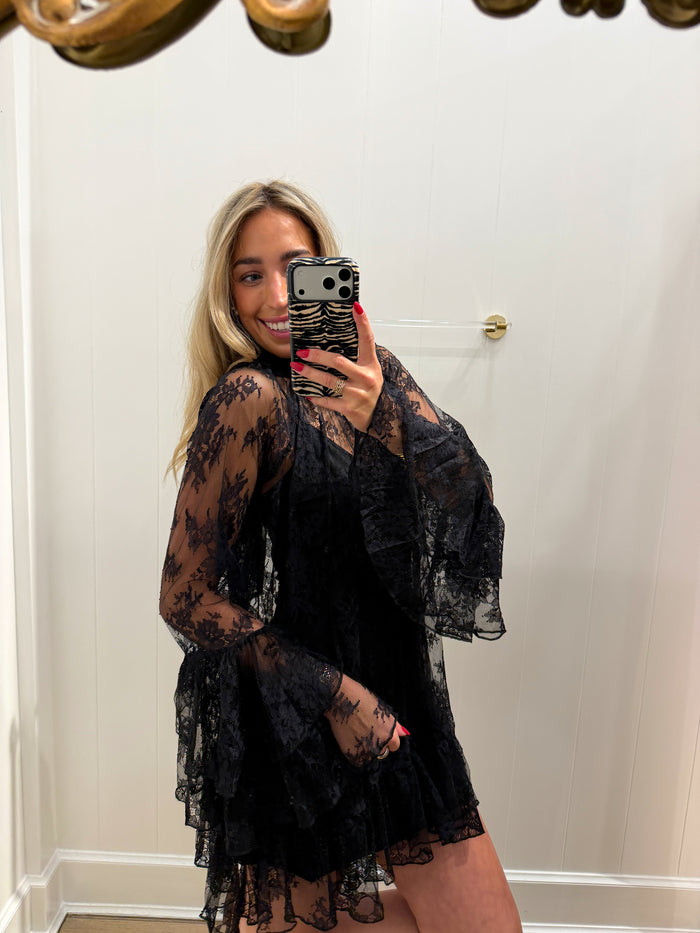 LBK BLACK LACE CHIFFON LONGSLEEVE DRESS