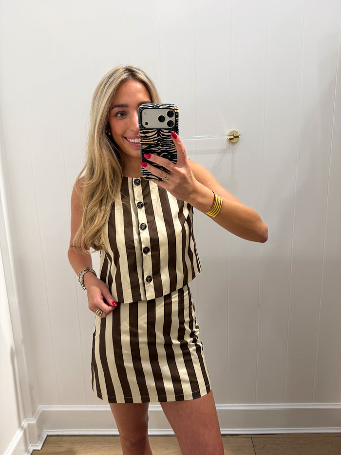 LBK BROWN STRIPED POPLIN TOP & SKIRT SET