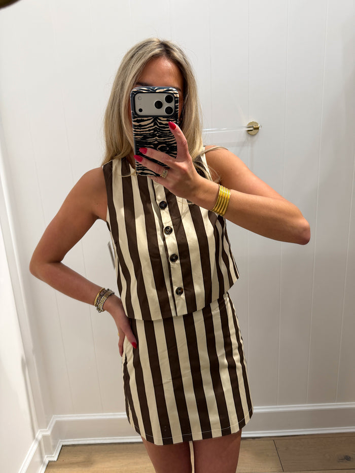 LBK BROWN STRIPED POPLIN TOP & SKIRT SET
