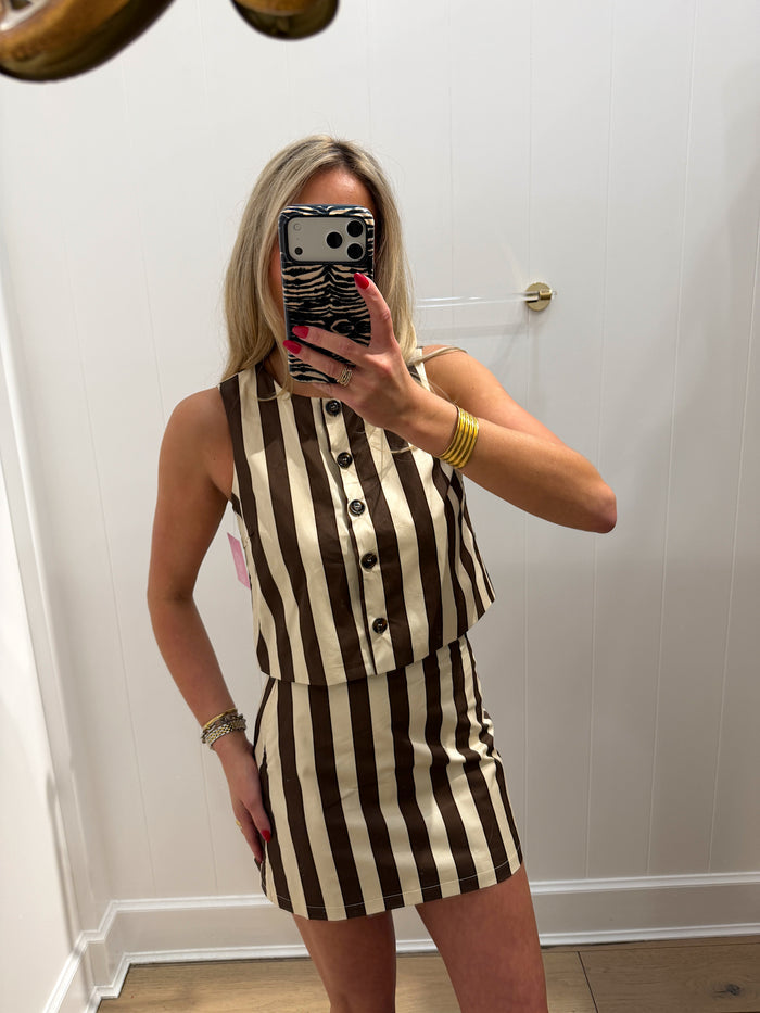 LBK BROWN STRIPED POPLIN TOP & SKIRT SET