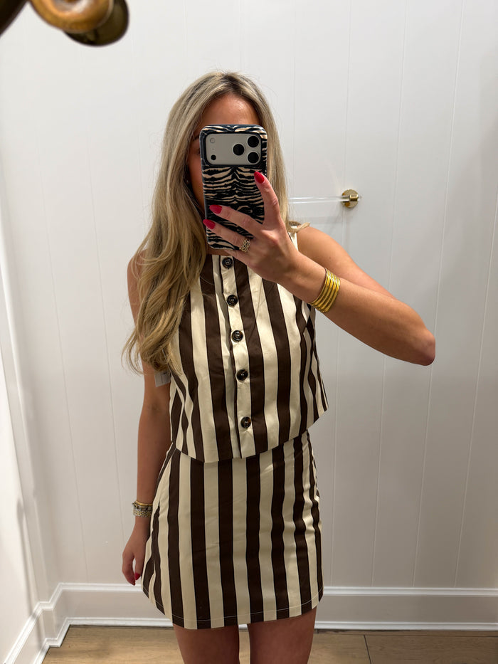 LBK BROWN STRIPED POPLIN TOP & SKIRT SET